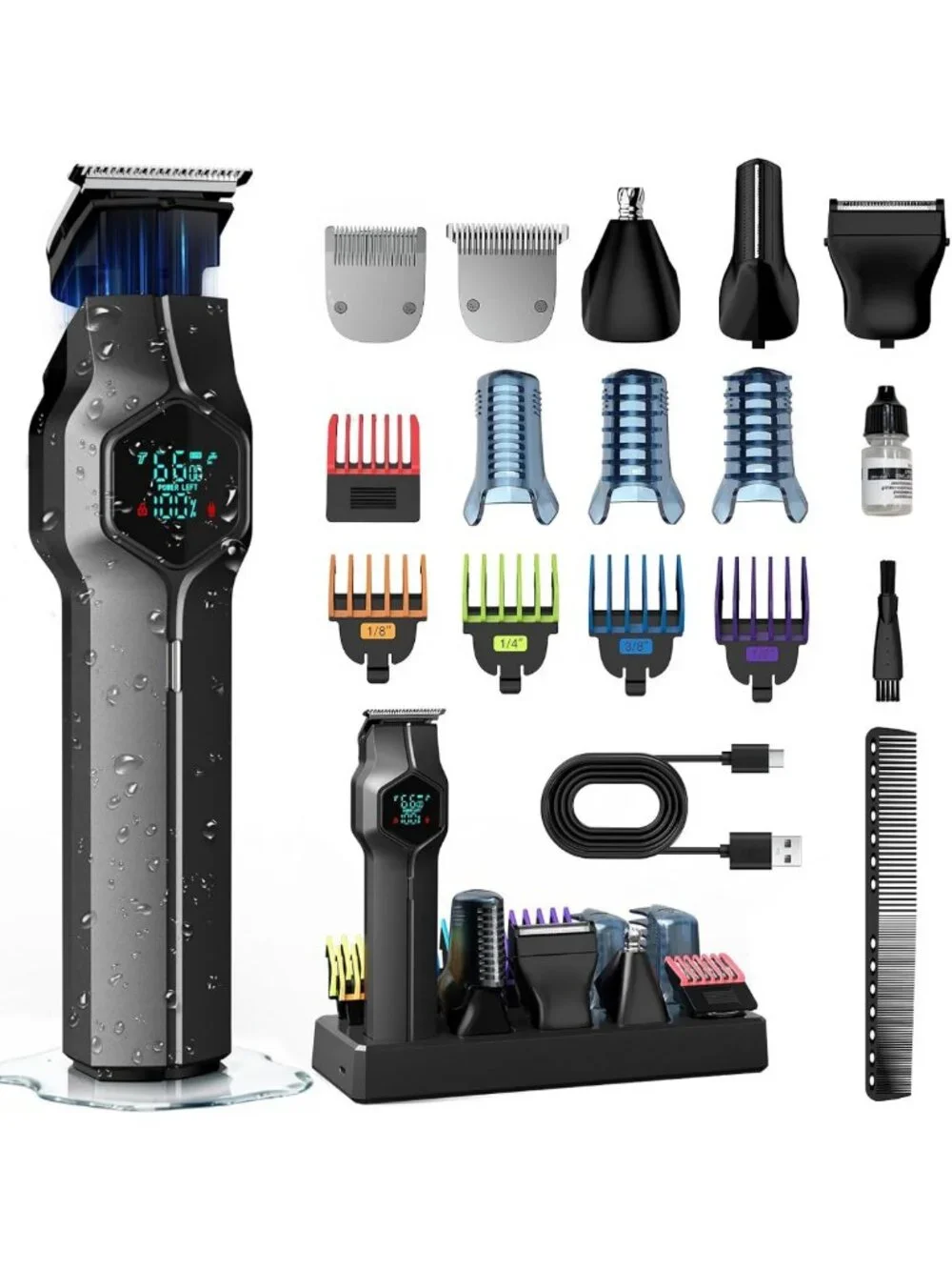 Men's Beard Trimmer with Magnetic Snap-on Heads - Adjustable Length, Gray